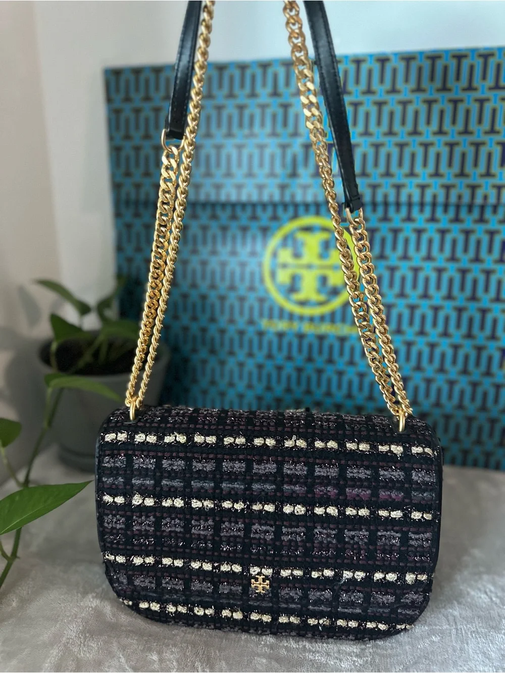 Tory Burch Black Tweed Chain Crossbody with Gold Hardware
